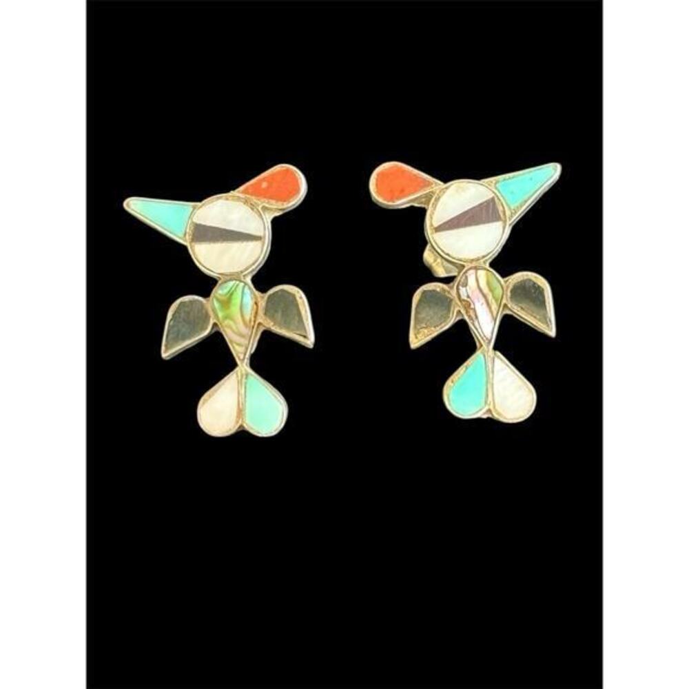 Vtg NA Zuni Sterling Turquoise Onyx Inlay Thunderbird Stud Earrings Southwest